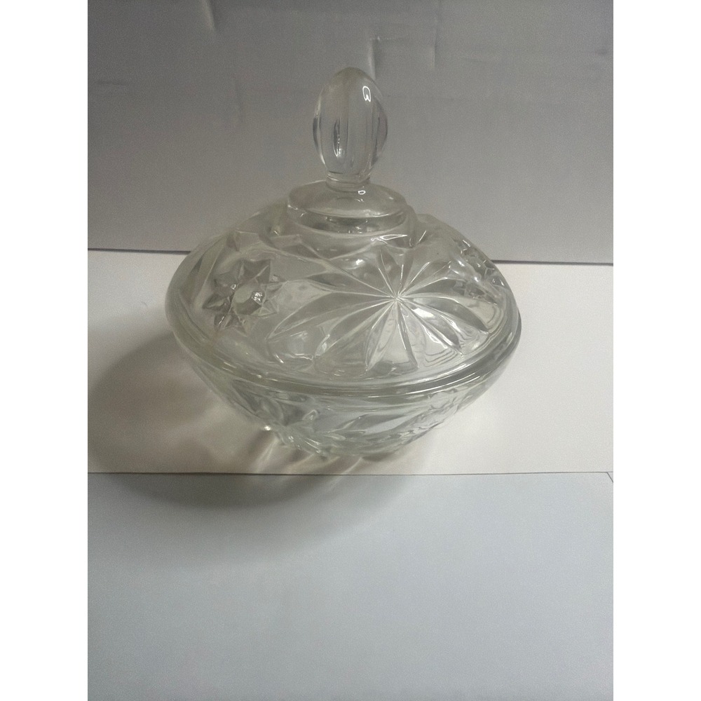 Vintage Clear Pressed Glass Lidded Candy Dish Starburst Sunburst Pattern Round